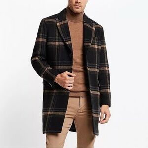 Express Men's Plaid Wool-Blend Topcoat in a black and brown check pattern S